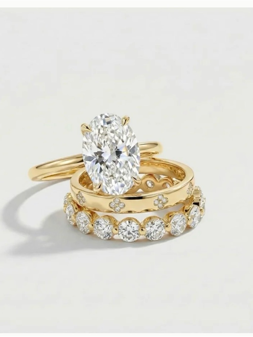 14K Gold Oval Solitaire with Diamond Stackable Bands - Gold